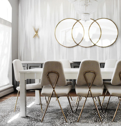 Dining room with antelope print rug